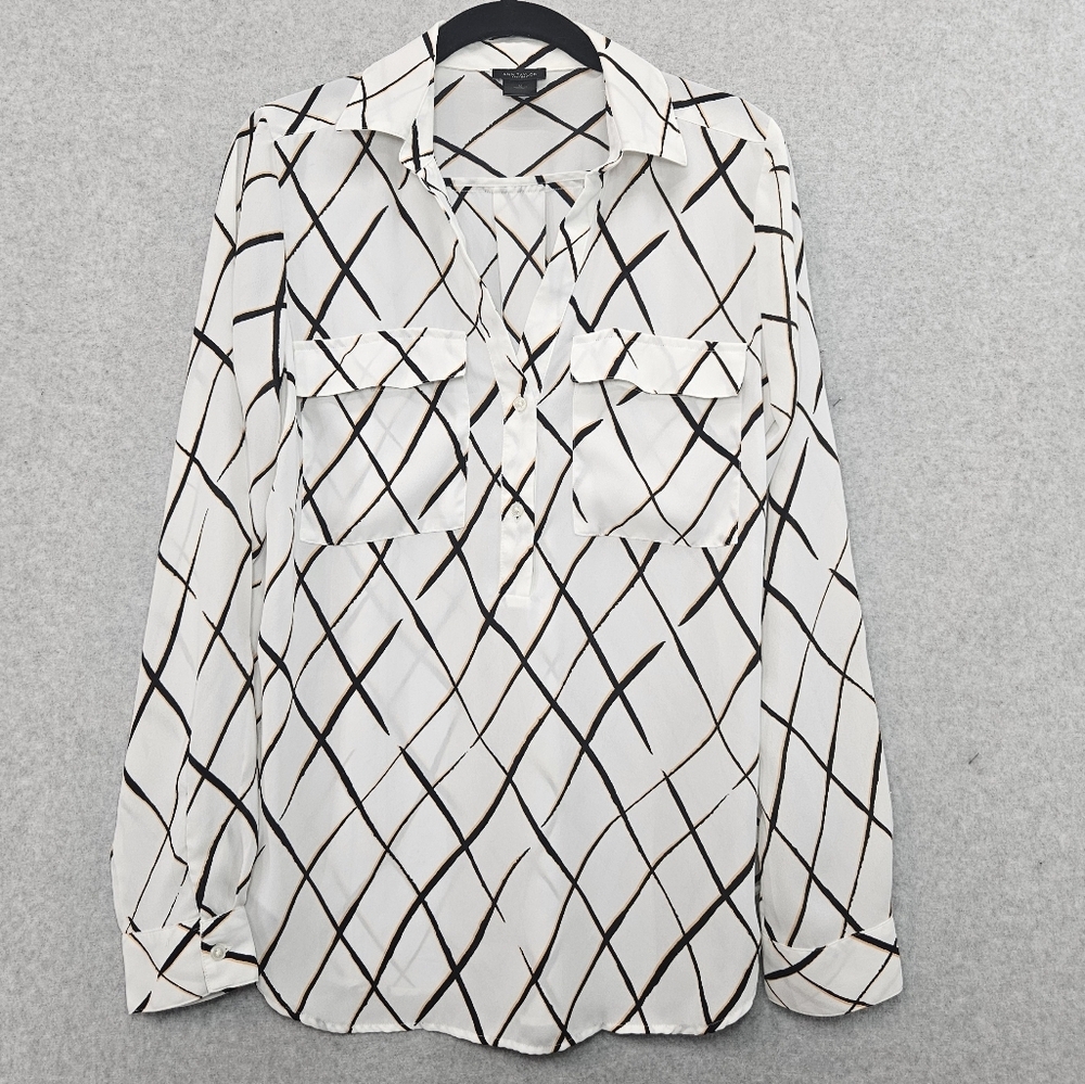 Ann Taylor Factory Blouse White with Black Slanted Window Pane Pattern Women's M